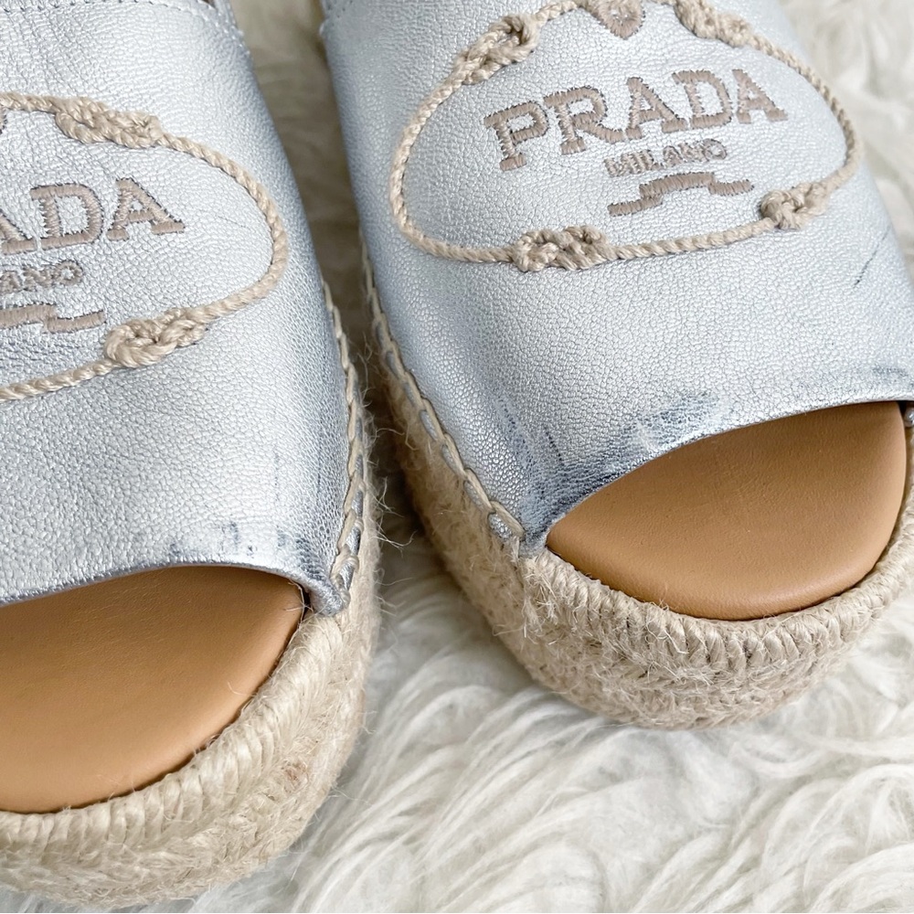 Prada Platform Open Toe Espadrille Silver Leather… - image 3